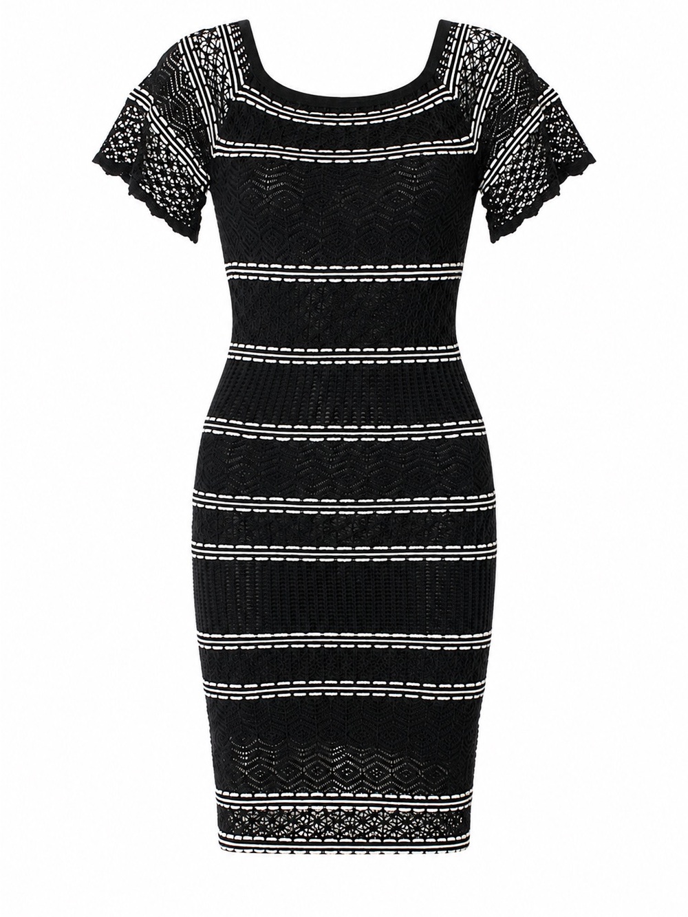 Ronny Kobo Collection Black Crochet Midi Dress with White Trim